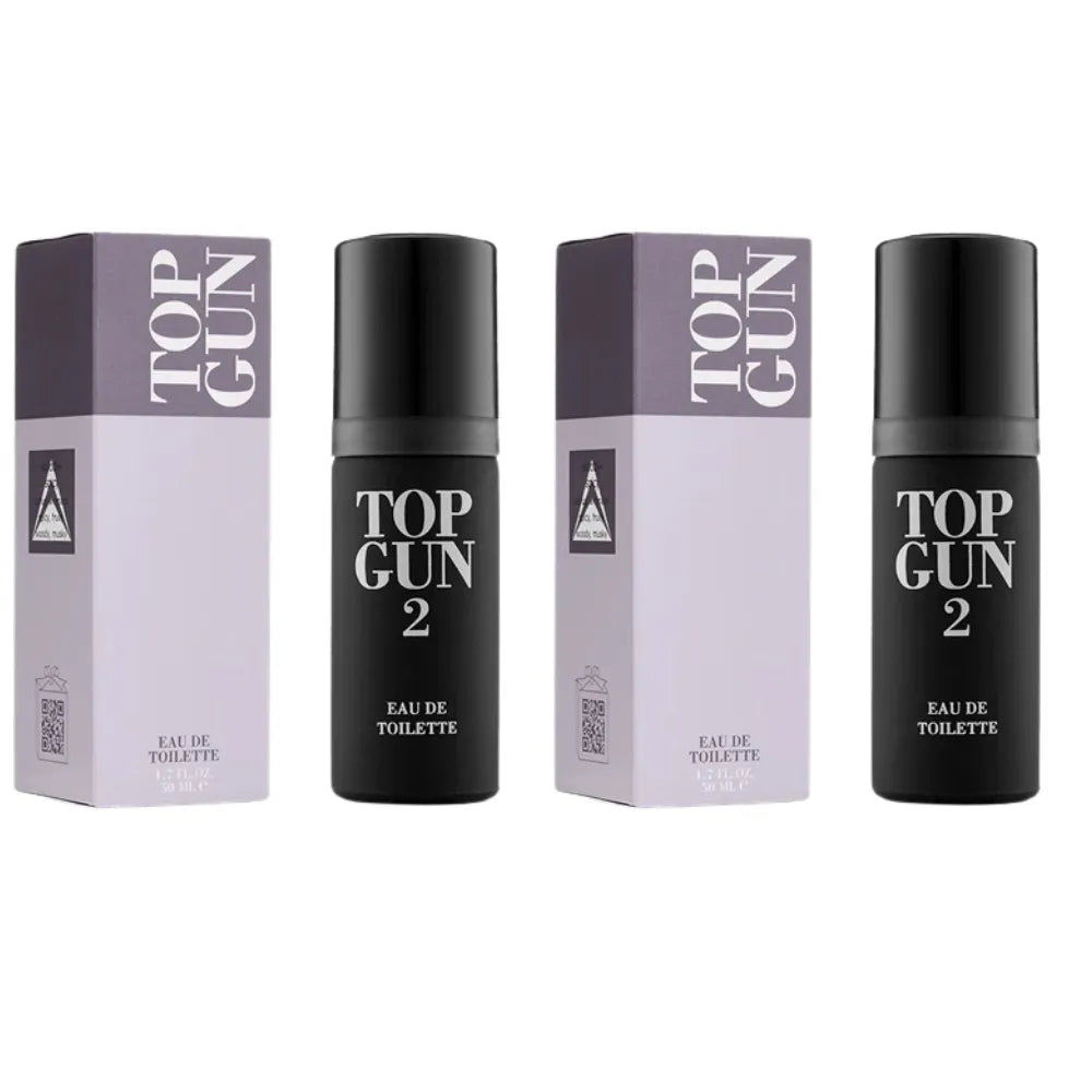 Two bottles of Top Gun Eau de Toilette with their packaging on a white background