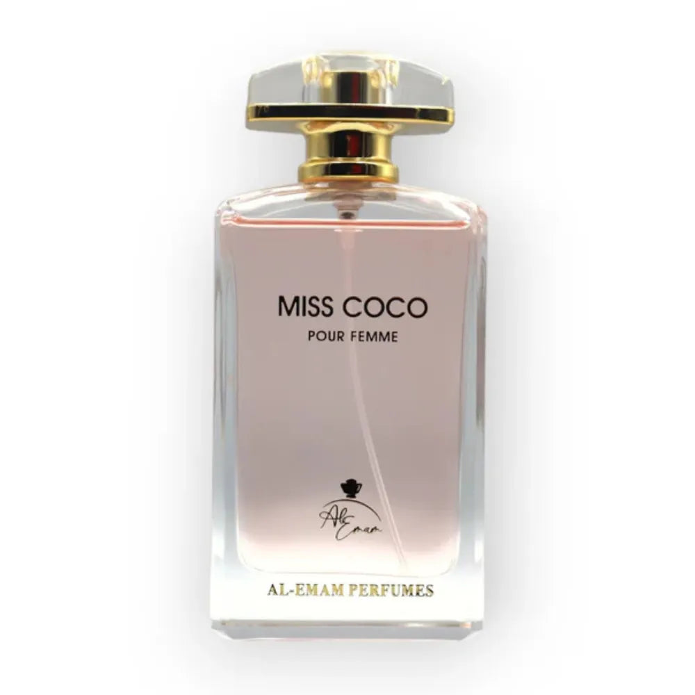 Perfume bottle labeled 'Miss Coco' by Al-Emam Perfumes on a white background