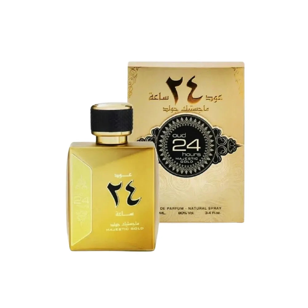 Gold perfume bottle and packaging with Arabic text on a white background