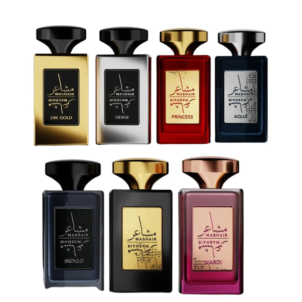 Collection of perfume bottles with various colors and designs on a white background