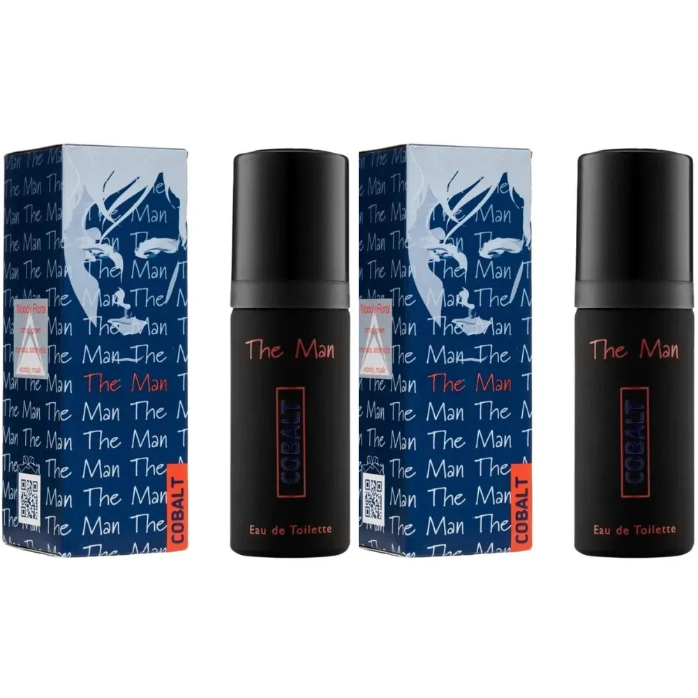Two bottles of 'The Man' cologne with blue and black packaging on a white background