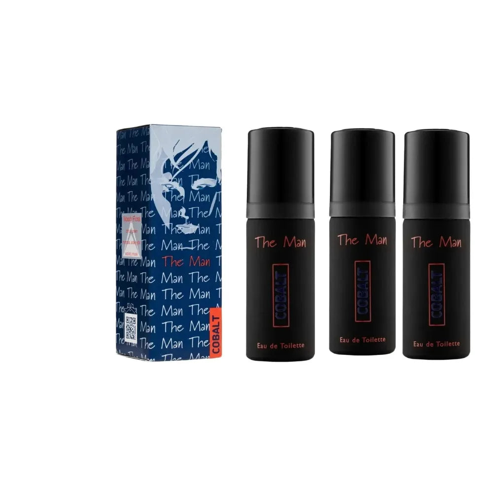 Set of 'The Man' perfume bottles with packaging on a white background