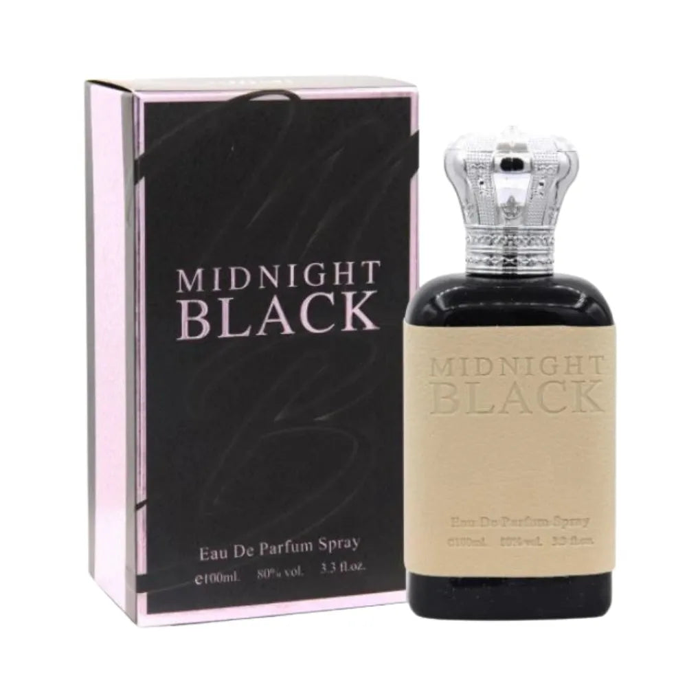 Perfume bottle and packaging labeled 'Midnight Black' on a white background