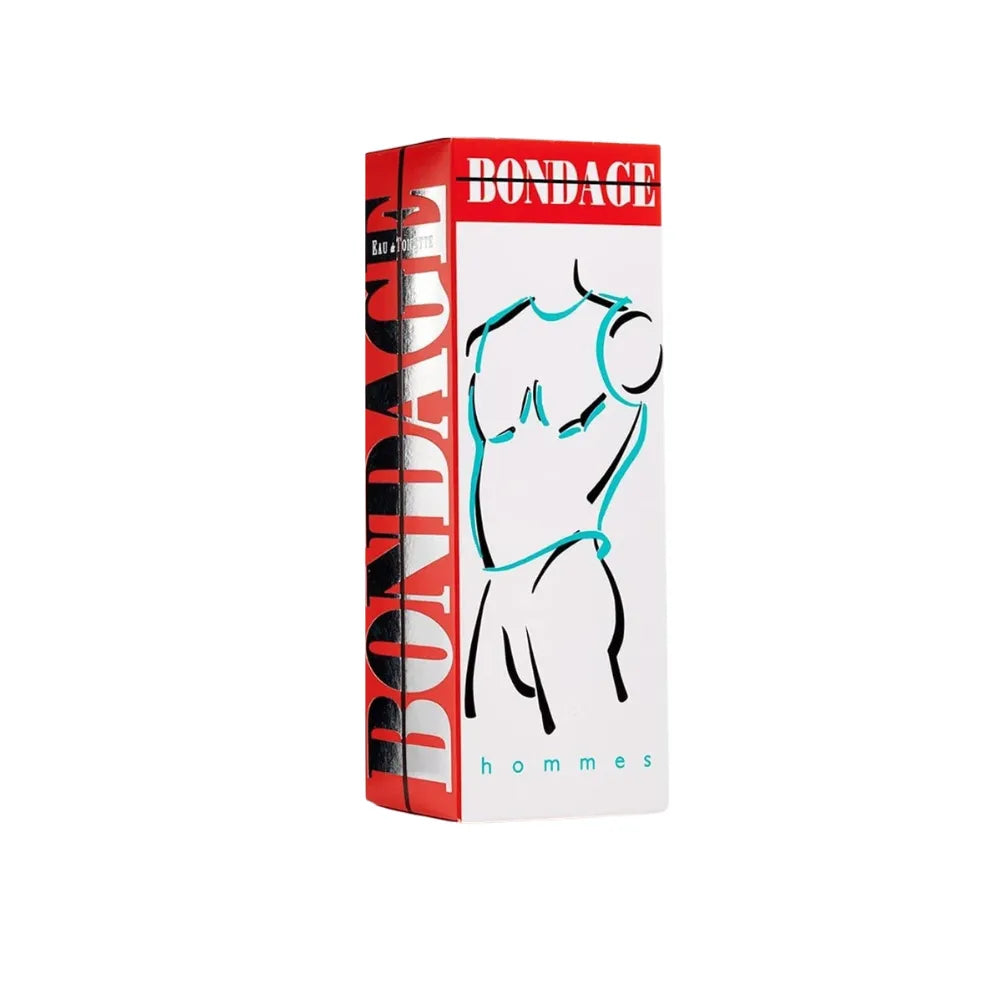 Bondage product packaging with red and white design on a white background