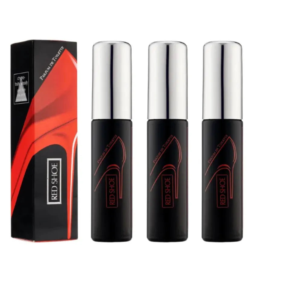 Three black bottles with silver caps and a red and black box labeled 'Red Shoe' on a white background.