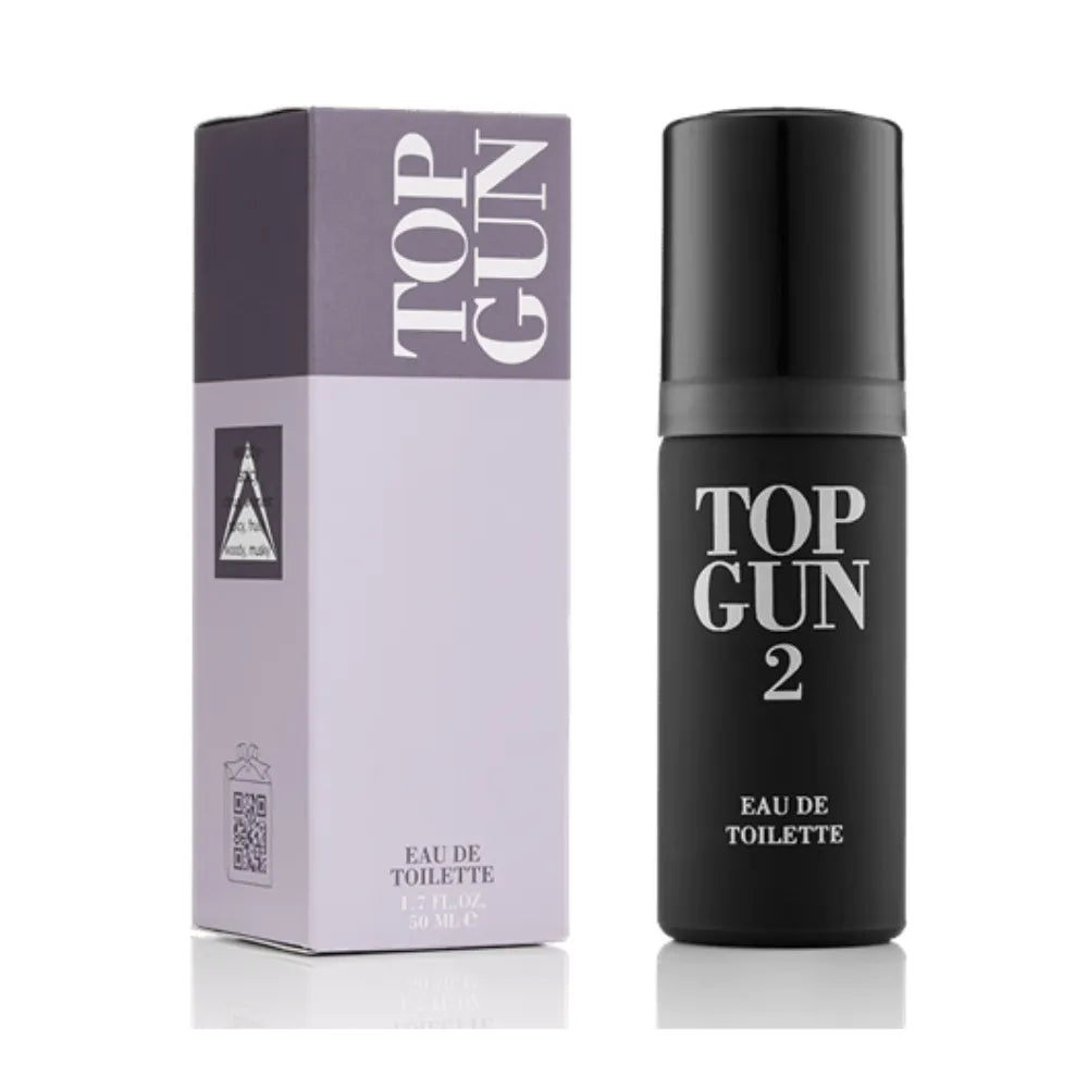 Top Gun 2 Eau de Toilette bottle and packaging box. The bottle is matte black with white text, and the box is lavender purple with white text.