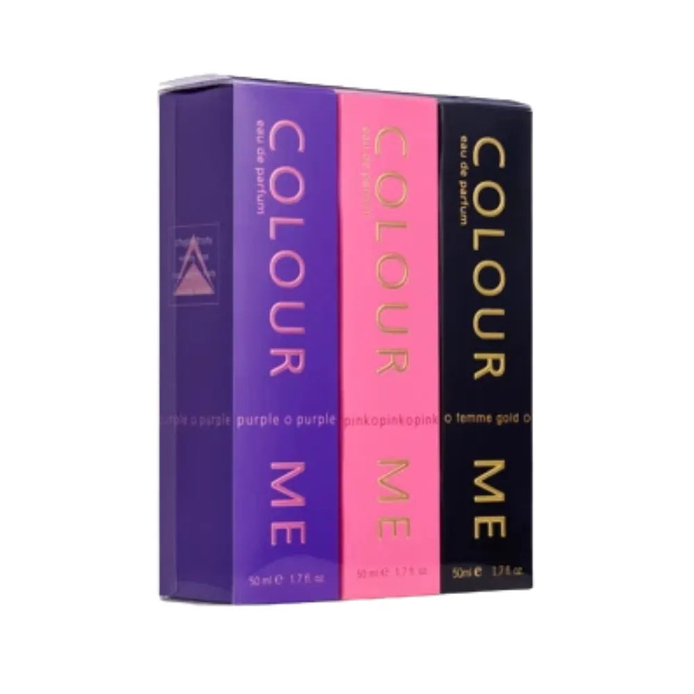 Three perfume boxes in purple, pink, and black with 'Colour Me' branding on a white background.