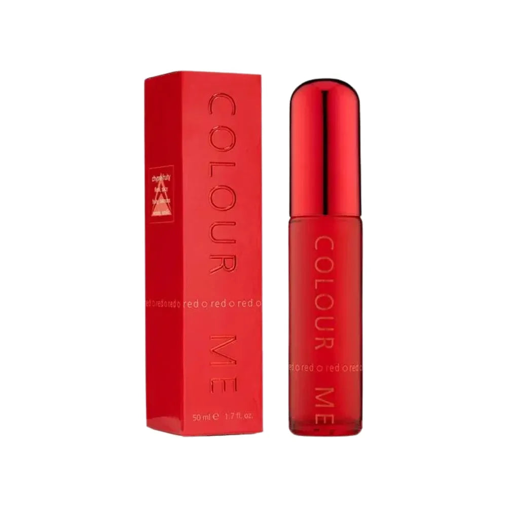 Colour Me lip gloss in a translucent red bottle next to its matching red packaging box, featuring the brand name 'Colour Me' in vertical lettering on both items.