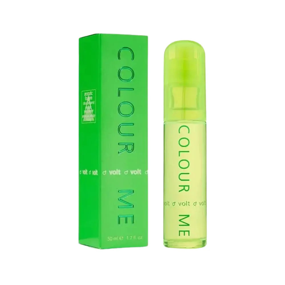 Green perfume bottle and packaging with 'COLOUR ME' text on a white background