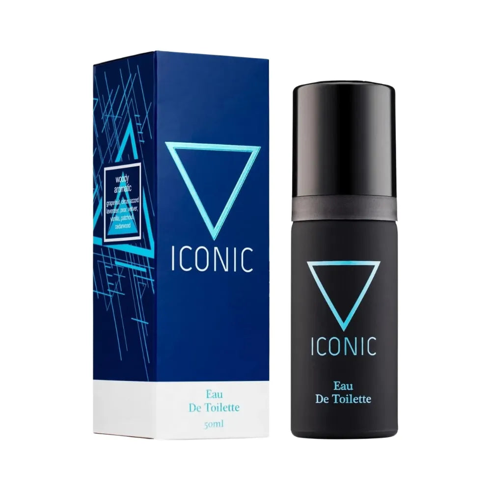 Black Iconic Eau De Toilette bottle and packaging on a white background