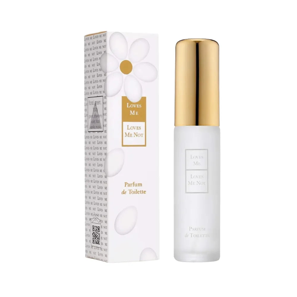 Perfume bottle and packaging with gold cap on a white background