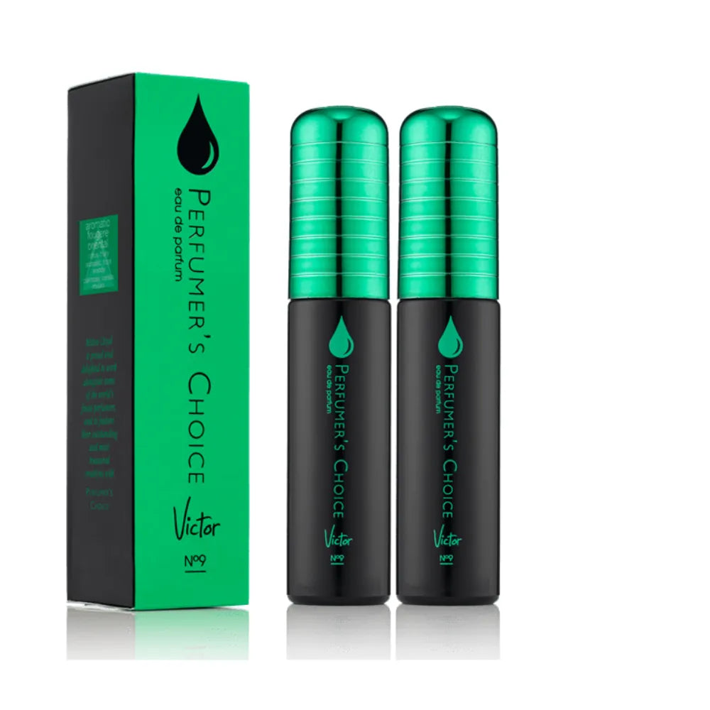Two green and black perfume bottles with a packaging box on a white background