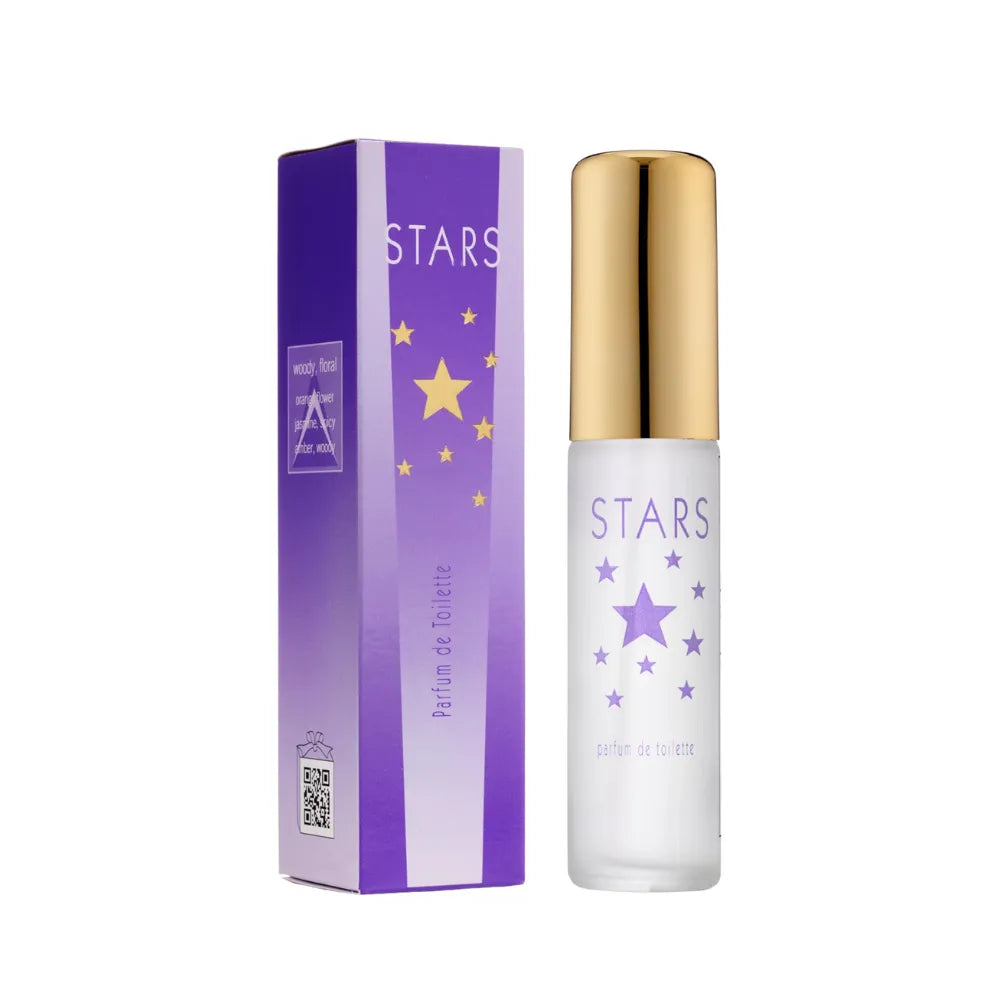 Perfume bottle and packaging with 'STARS' branding on a white background