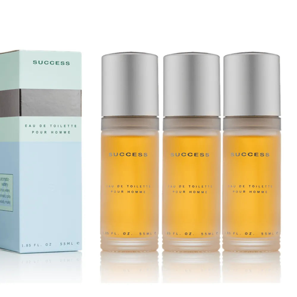 Three clear glass bottles of Success Eau de Toilette with pale amber liquid and silver caps, shown next to a matching light blue and gray product box on a white background.