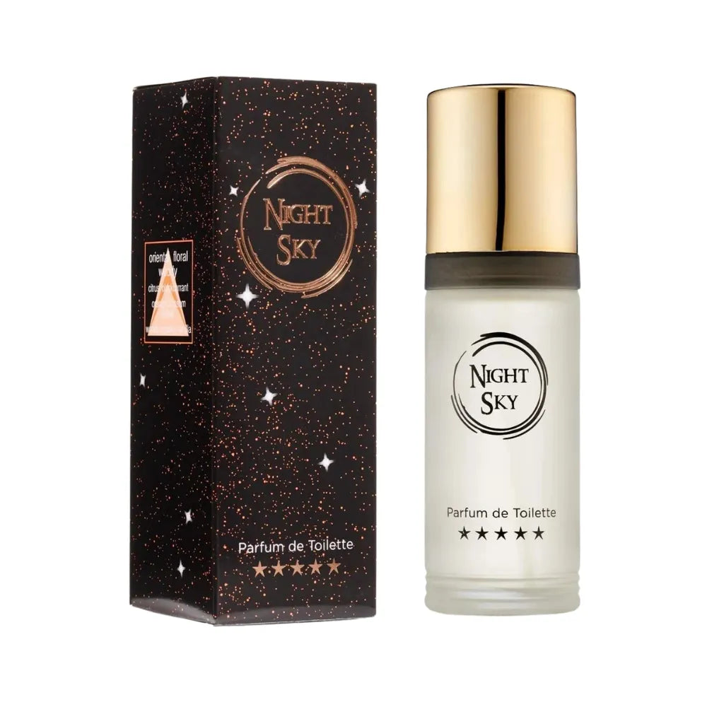 Night Sky perfume bottle and packaging on a white background
