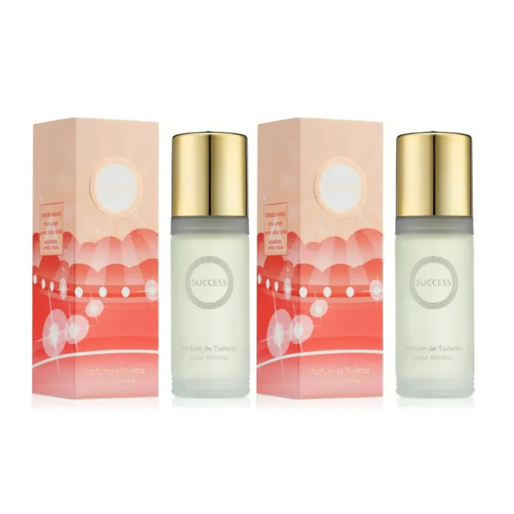 Two bottles of 'Success' perfume with matching boxes on a white background