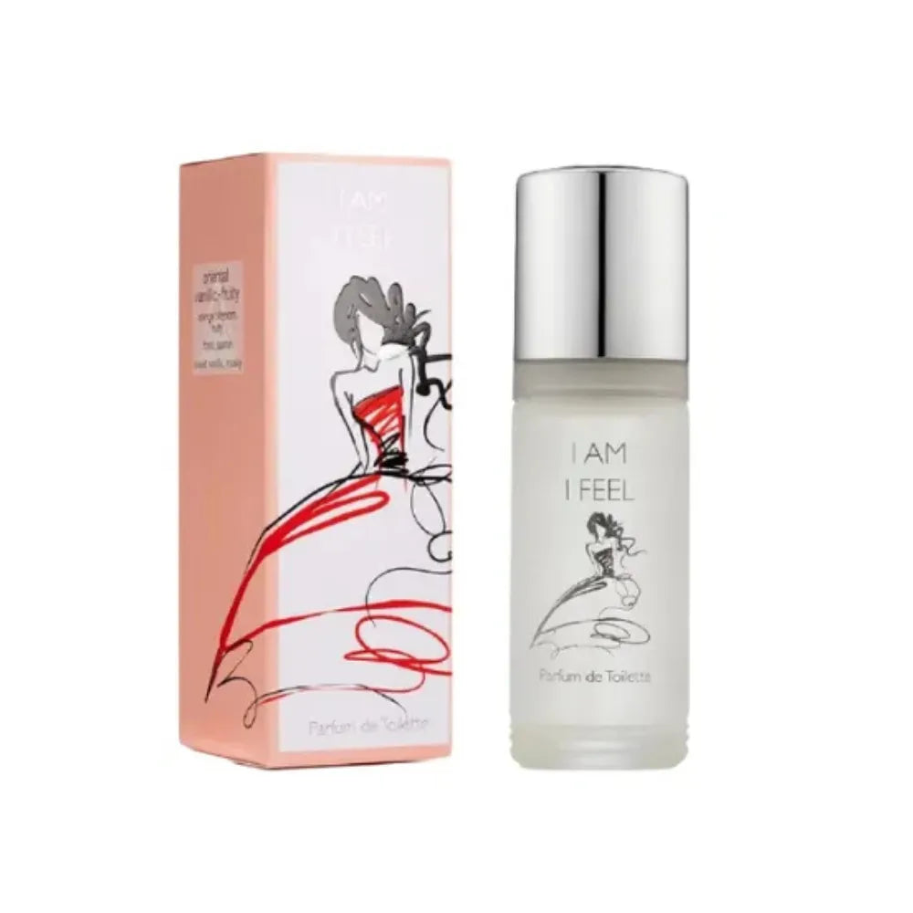 Perfume bottle and packaging with a design of a woman in a red dress on a white background