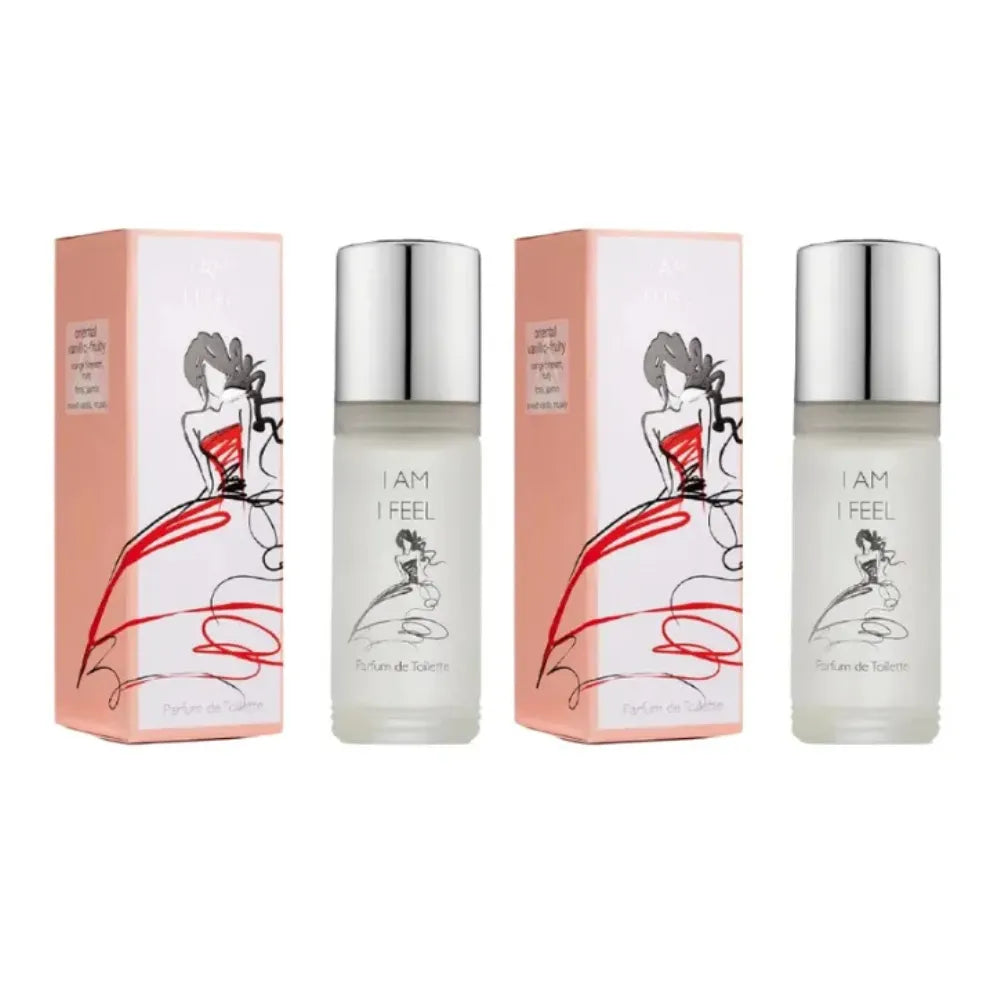 Two perfume bottles with their packaging on a white background