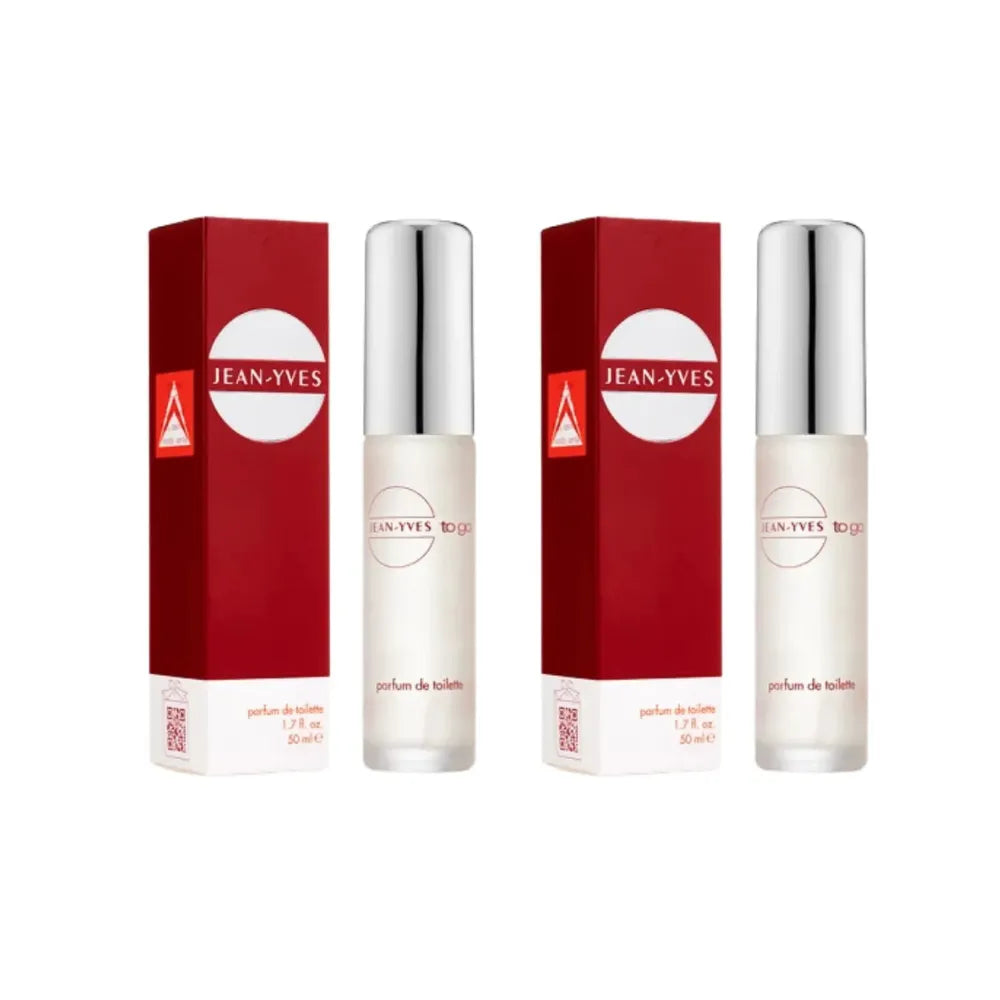 TwoJean-Yves perfume bottles and their red boxes on a white background