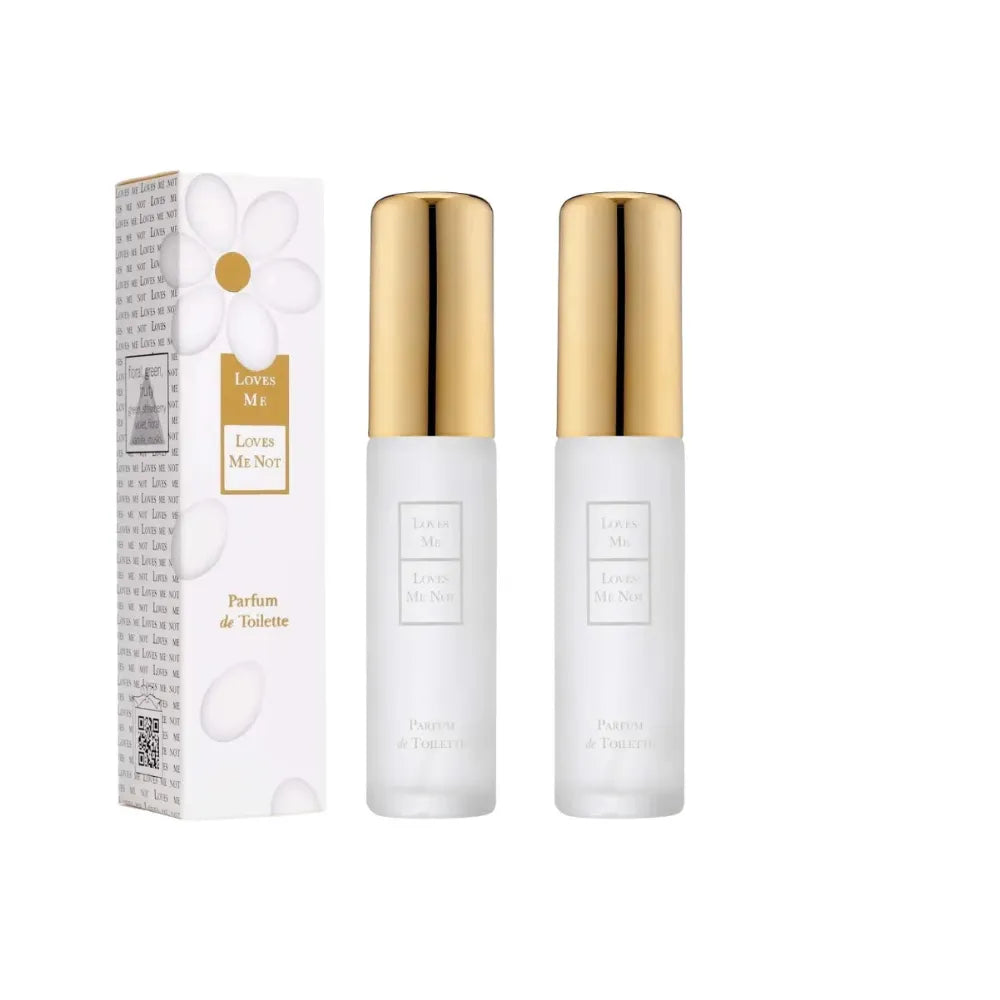 Two perfume bottles with gold caps and a packaging box on a white background