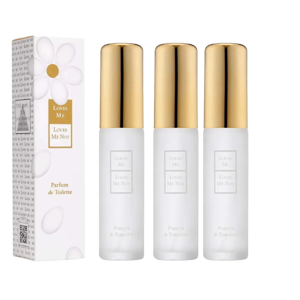 Three perfume bottles with gold caps and a box labeled 'Lover Me' on a white background.