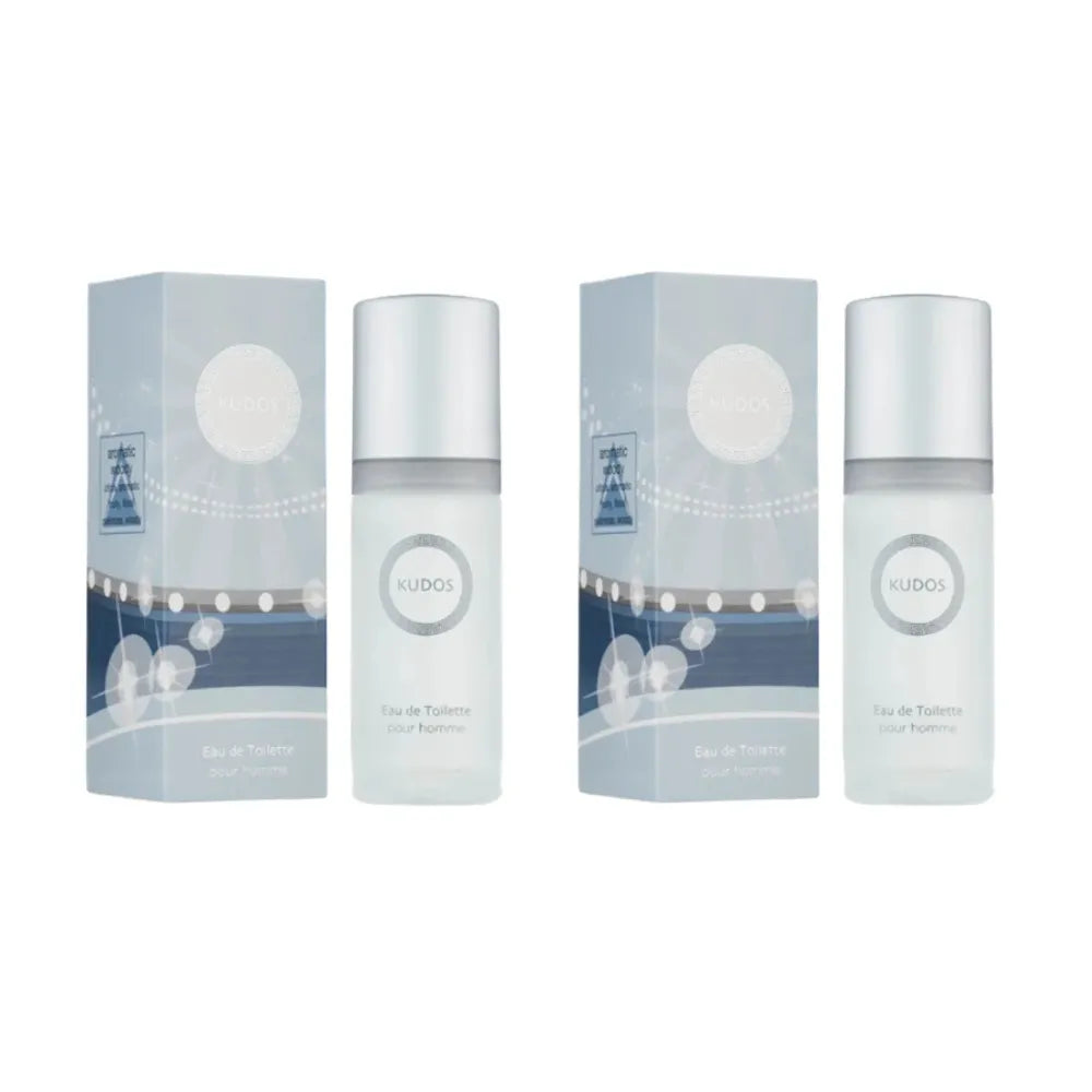 Two bottles of Eudos eau de toilette with their packaging on a white background