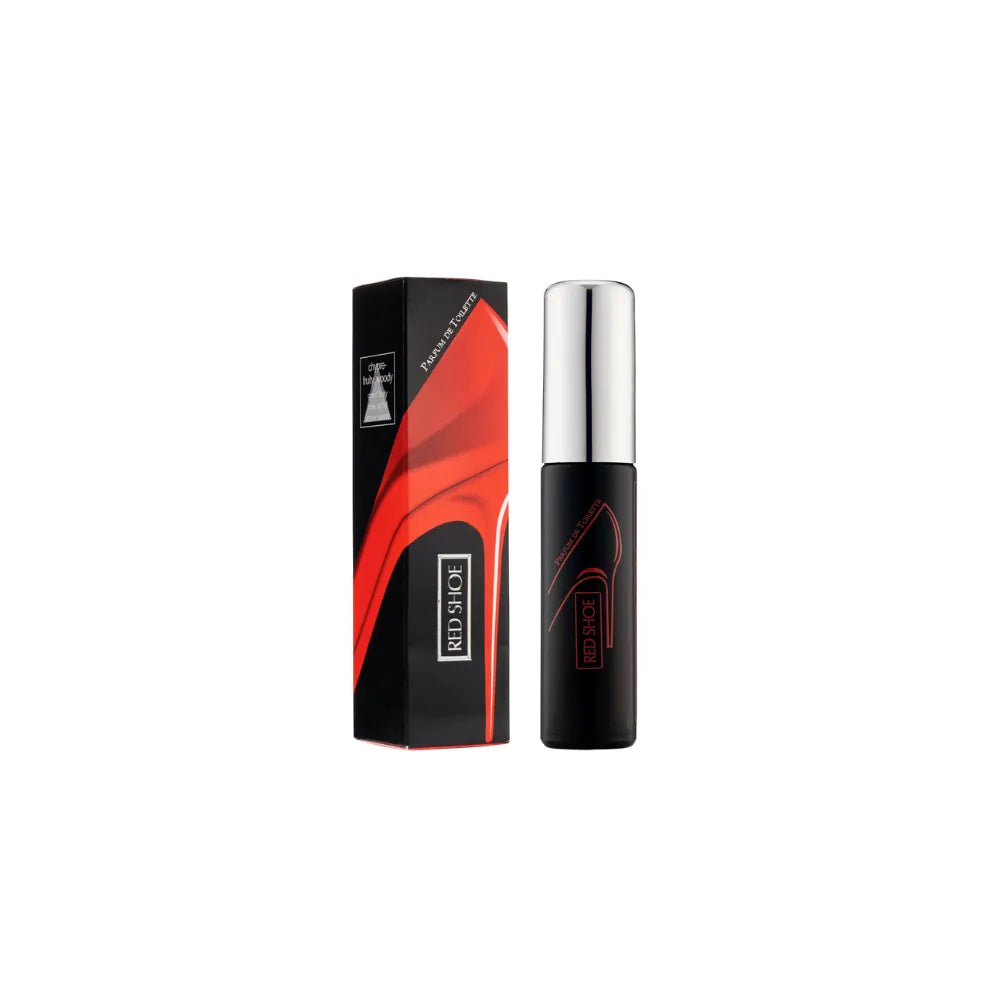 Black and red cosmetic bottle with packaging on a white background