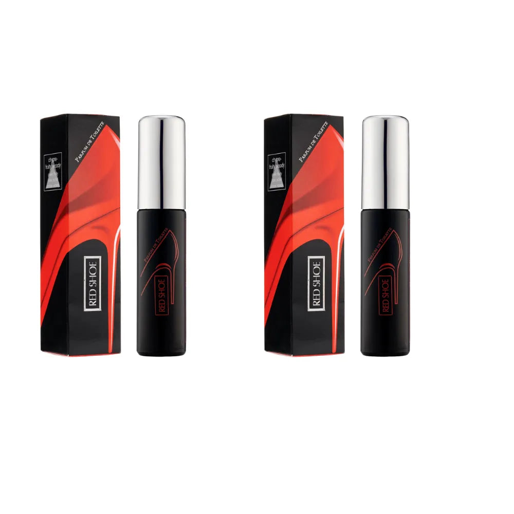 Two black and red cosmetic bottles with their packaging on a white background