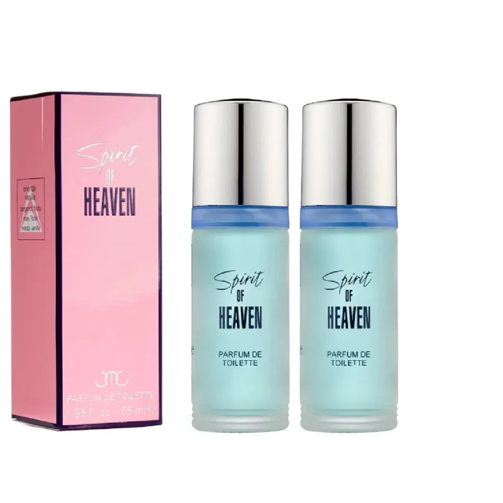 Two bottles of 'Spirit of Heaven' perfume with a pink packaging box on a white background