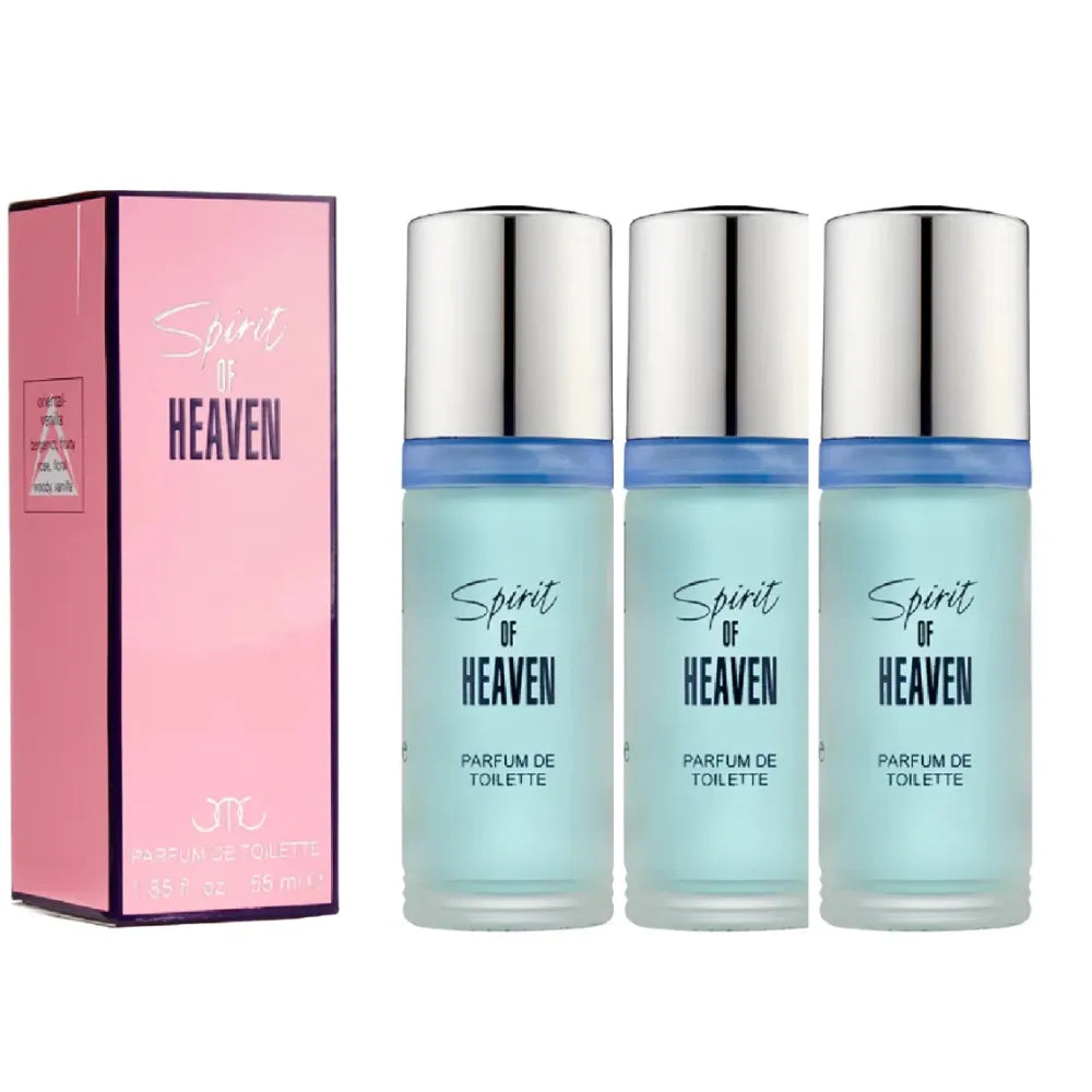 Three bottles of 'Spirit of Heaven' perfume with a pink packaging box on a white background