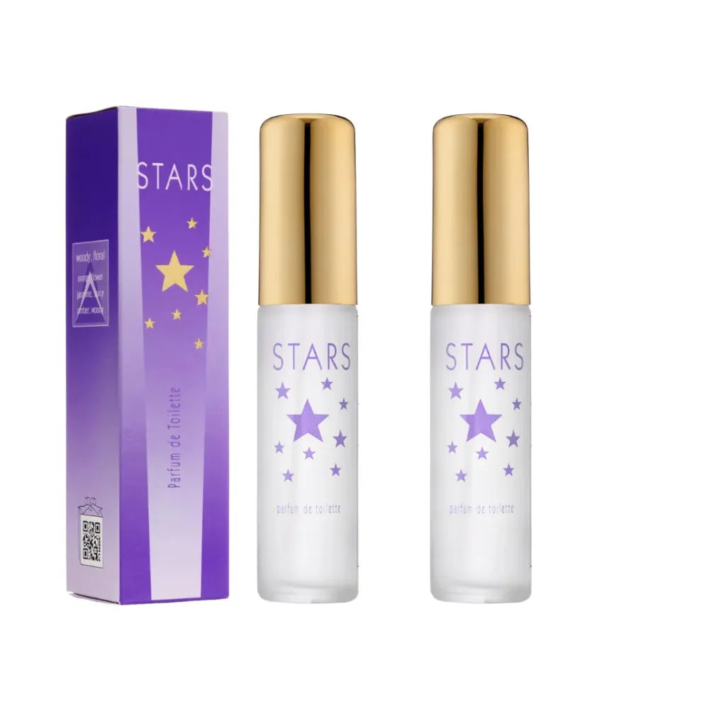 Two bottles of 'STARS' perfume with a purple box on a white background
