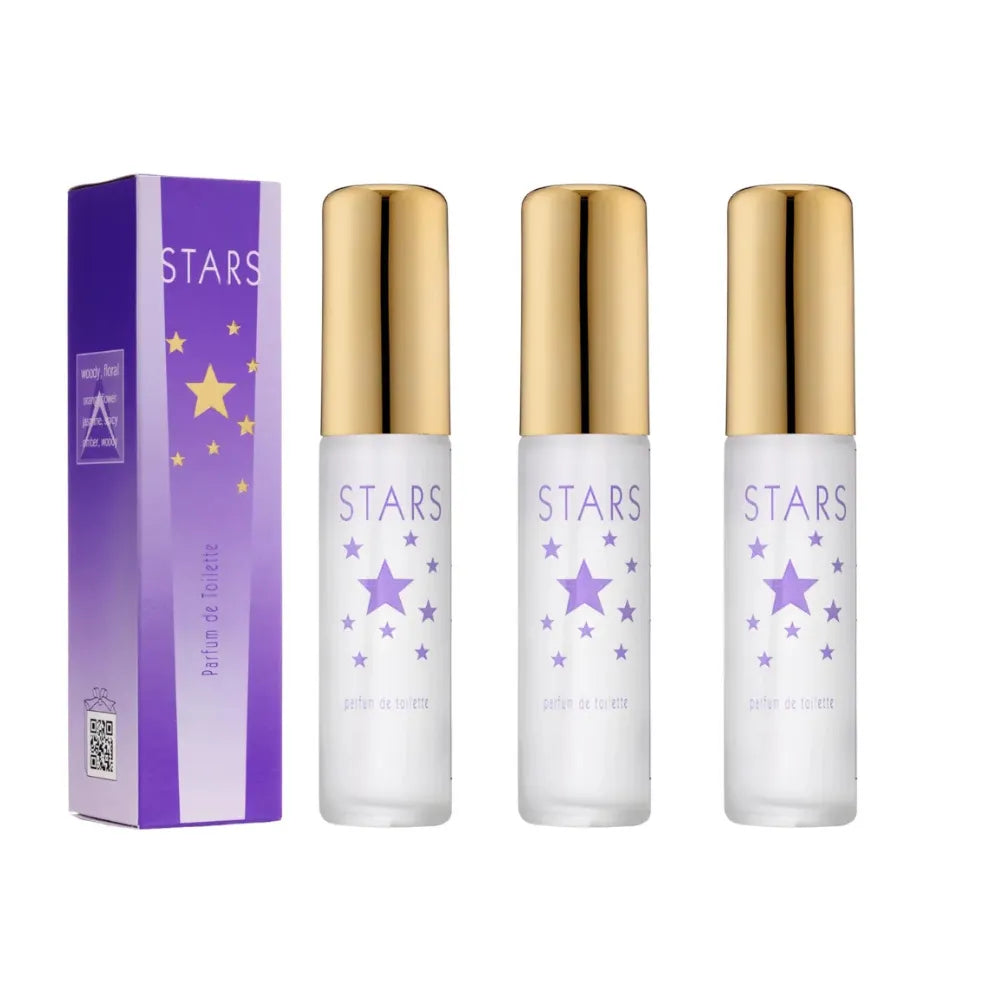 Three 'STARS' perfume bottles with gold caps and a purple box on a white background