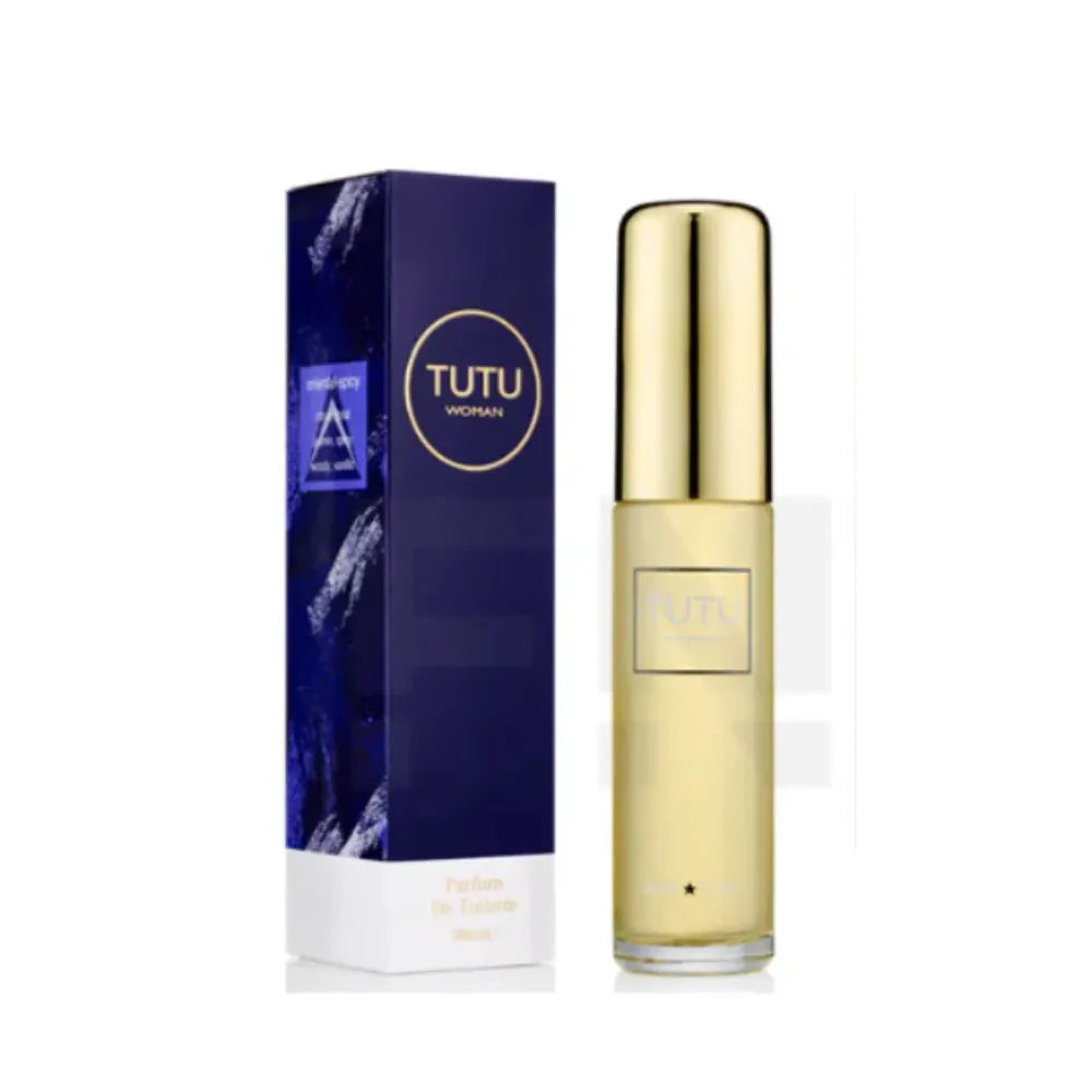 Gold perfume bottle and packaging with 'TUTU' branding on a white background