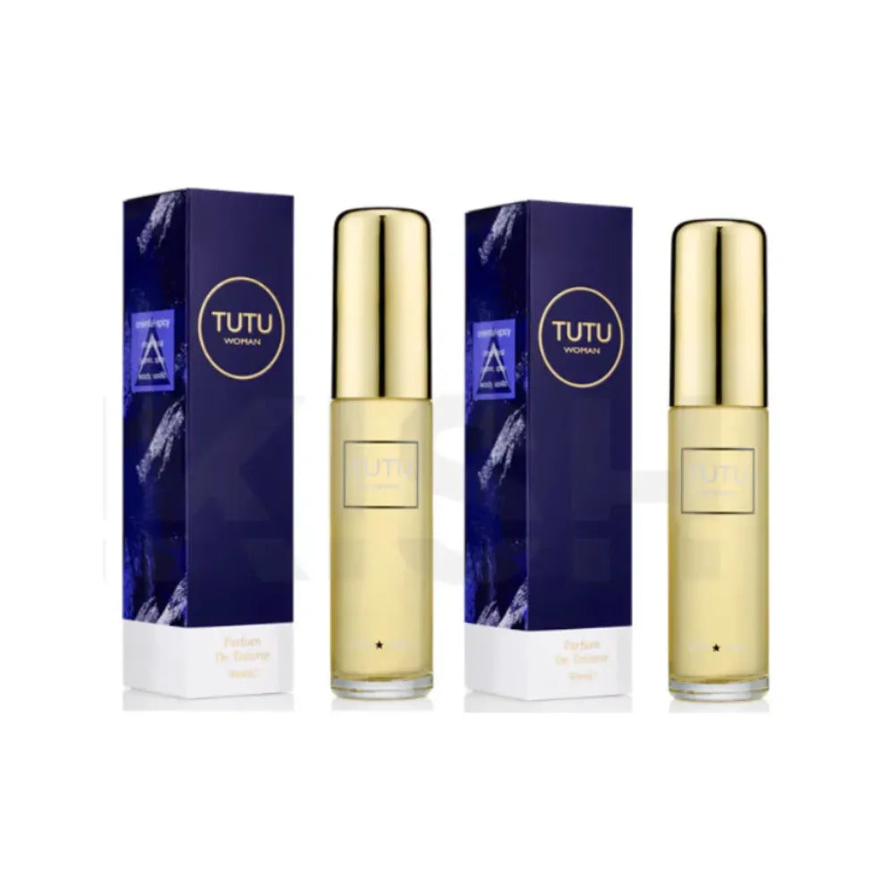 Two gold perfume bottles with blue boxes labeled 'TUTU' on a white background