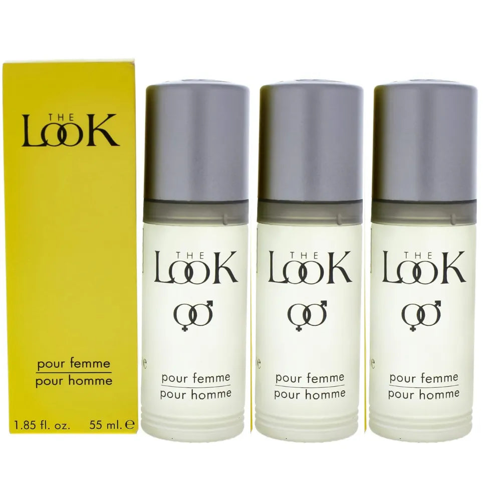 Three bottles of 'The Look' perfume with a yellow box on a white background