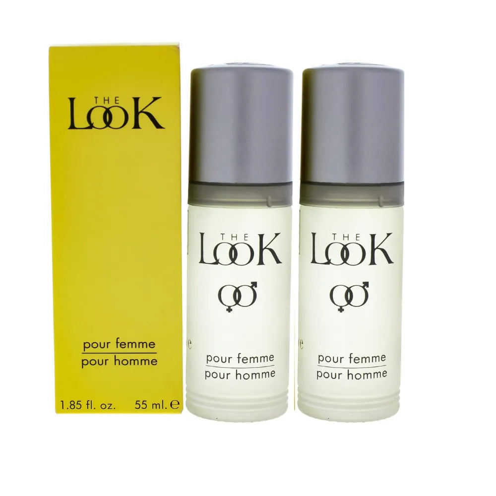 Two 'The Look' perfume bottles with a yellow box on a white background