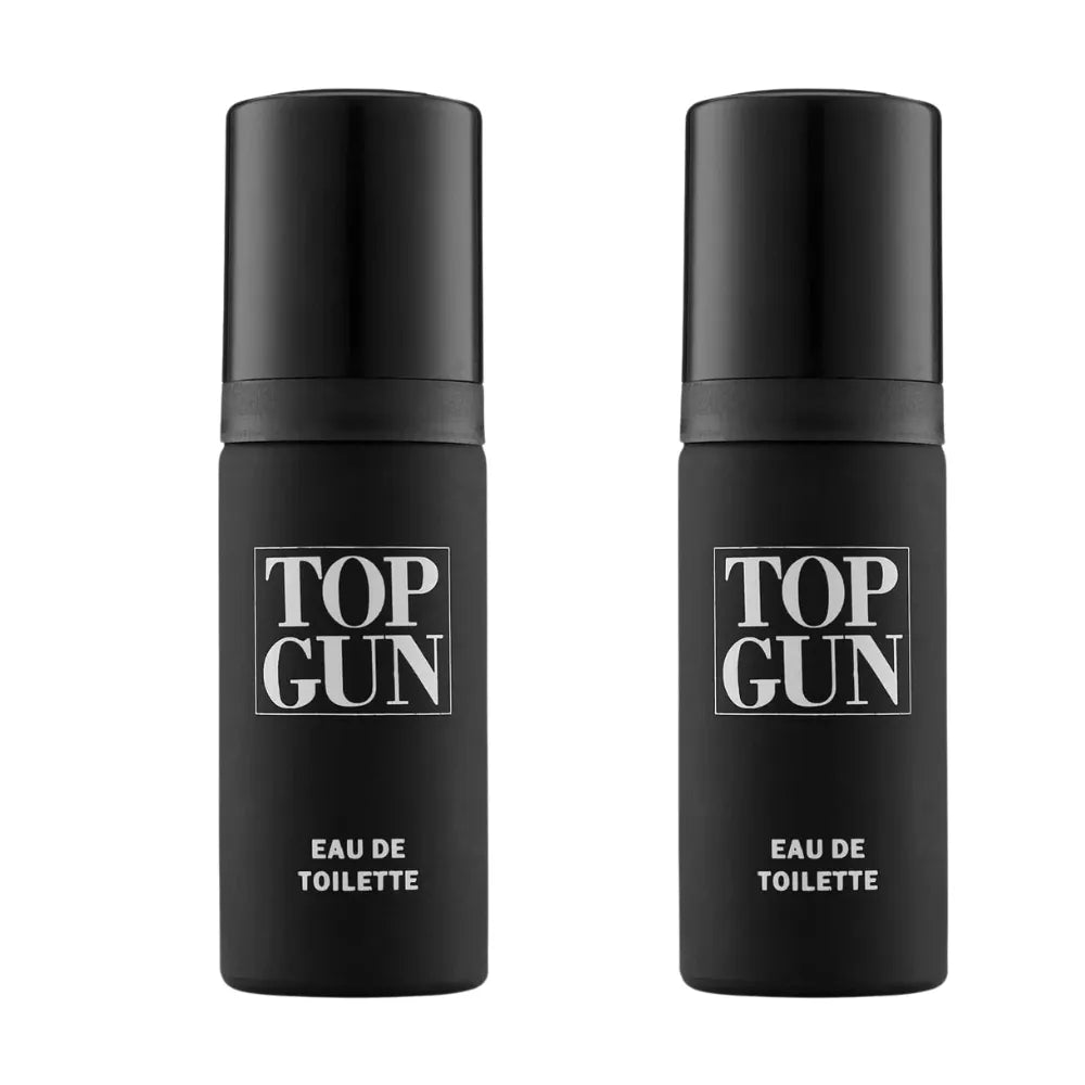 Two black 'Top Gun' Eau de Toilette bottles on a white background