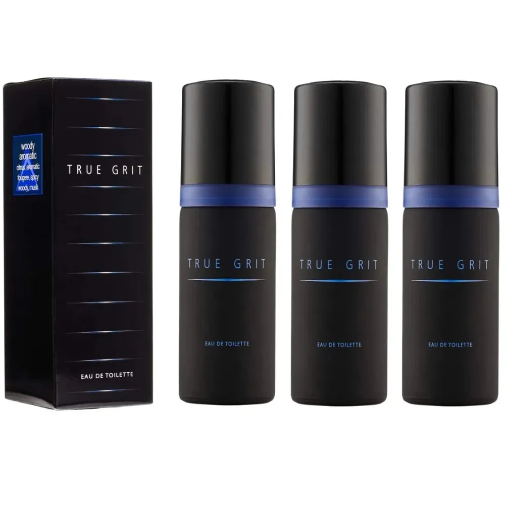 True Grit Eau de Toilette packaging including a box and three bottles on a white background