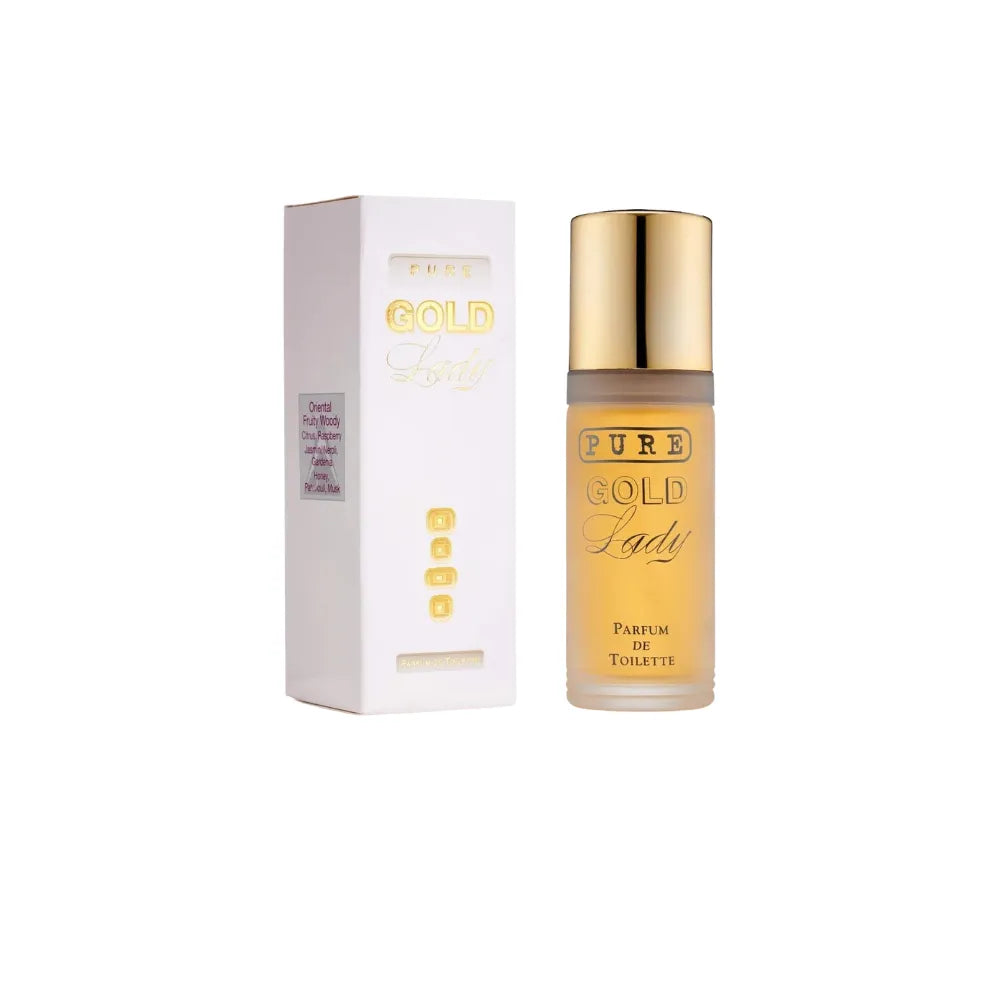 Perfume bottle and packaging of 'Pure Gold Lady' on a white background