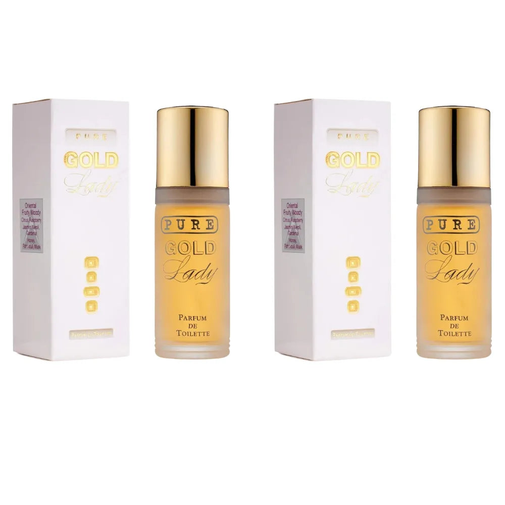 Two bottles of 'Pure Gold Lady' perfume with their packaging on a white background
