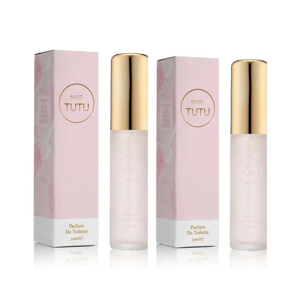 Two 'TUTU' perfume bottles with pink boxes on a white background