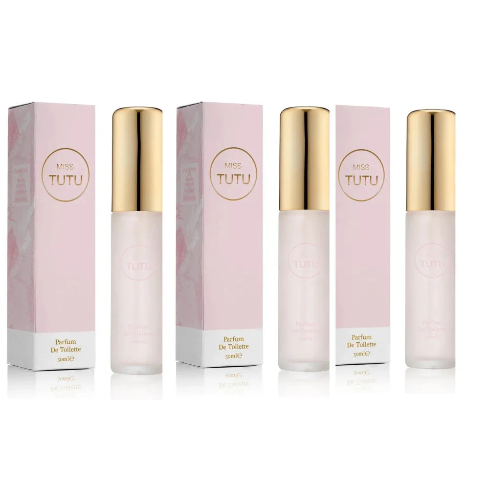 Set of perfume bottles and boxes with 'TUTU' branding on a white background