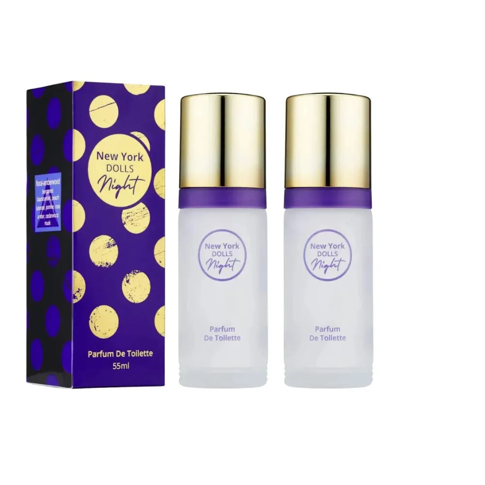 Two bottles of New York Dolls Nightie perfume with packaging on a white background