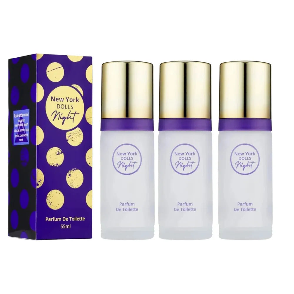 Set of New York Dolls Night perfume bottles with packaging on a white background