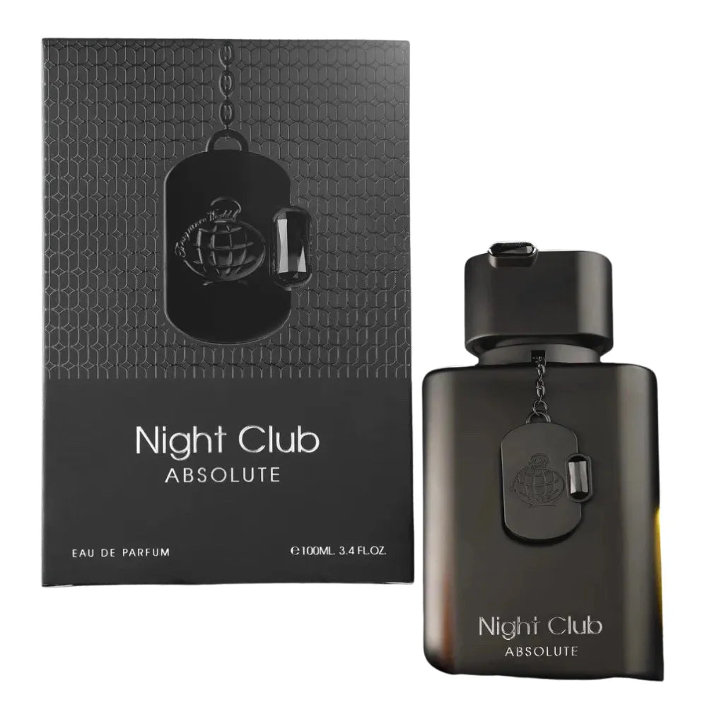 Black 'Night Club Absolute' perfume bottle and packaging on a white background