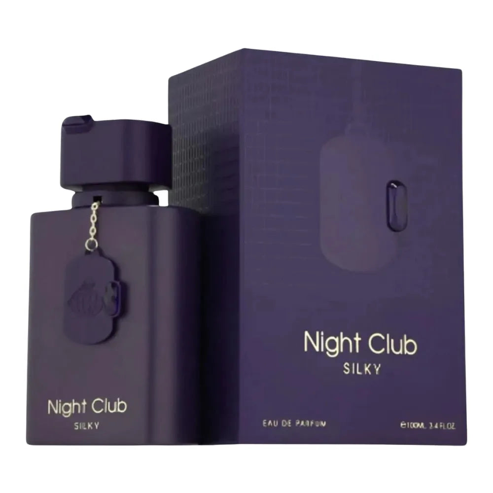 Purple 'Night Club Silky' perfume bottle and packaging on a white background