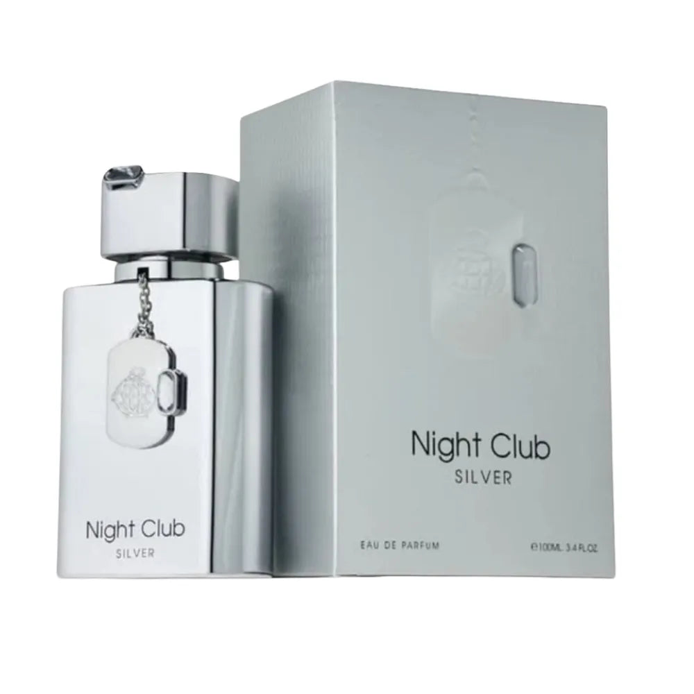 Silver 'Night Club Silver' perfume bottle and packaging on a white background