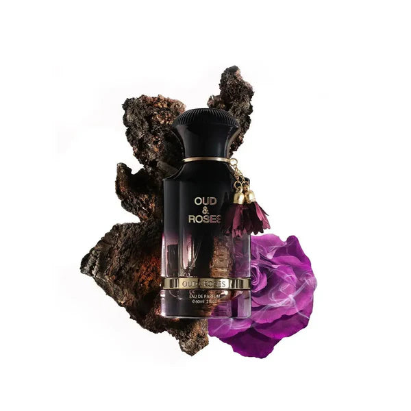 Perfume bottle labeled 'Oud & Rose' with decorative elements on a white background