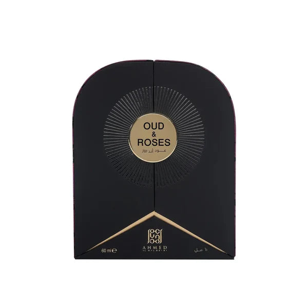A black perfume box for Oud & Roses by Al-Rihla, featuring a gold circular label and gold geometric accents on a white background.