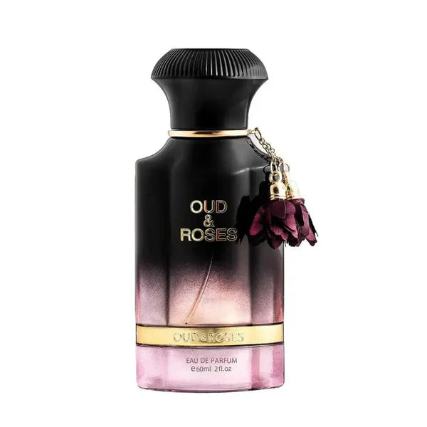 Perfume bottle labeled 'Oud & Roses' on a white background